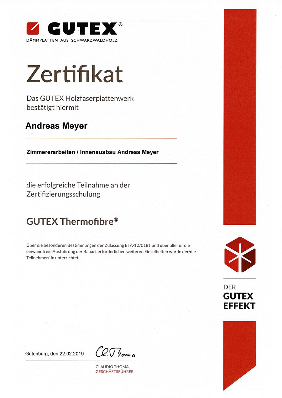 Schulungszertifikat, Gutex, Zimmererarbeiten, Innenausbau, Andreas_Meyer
