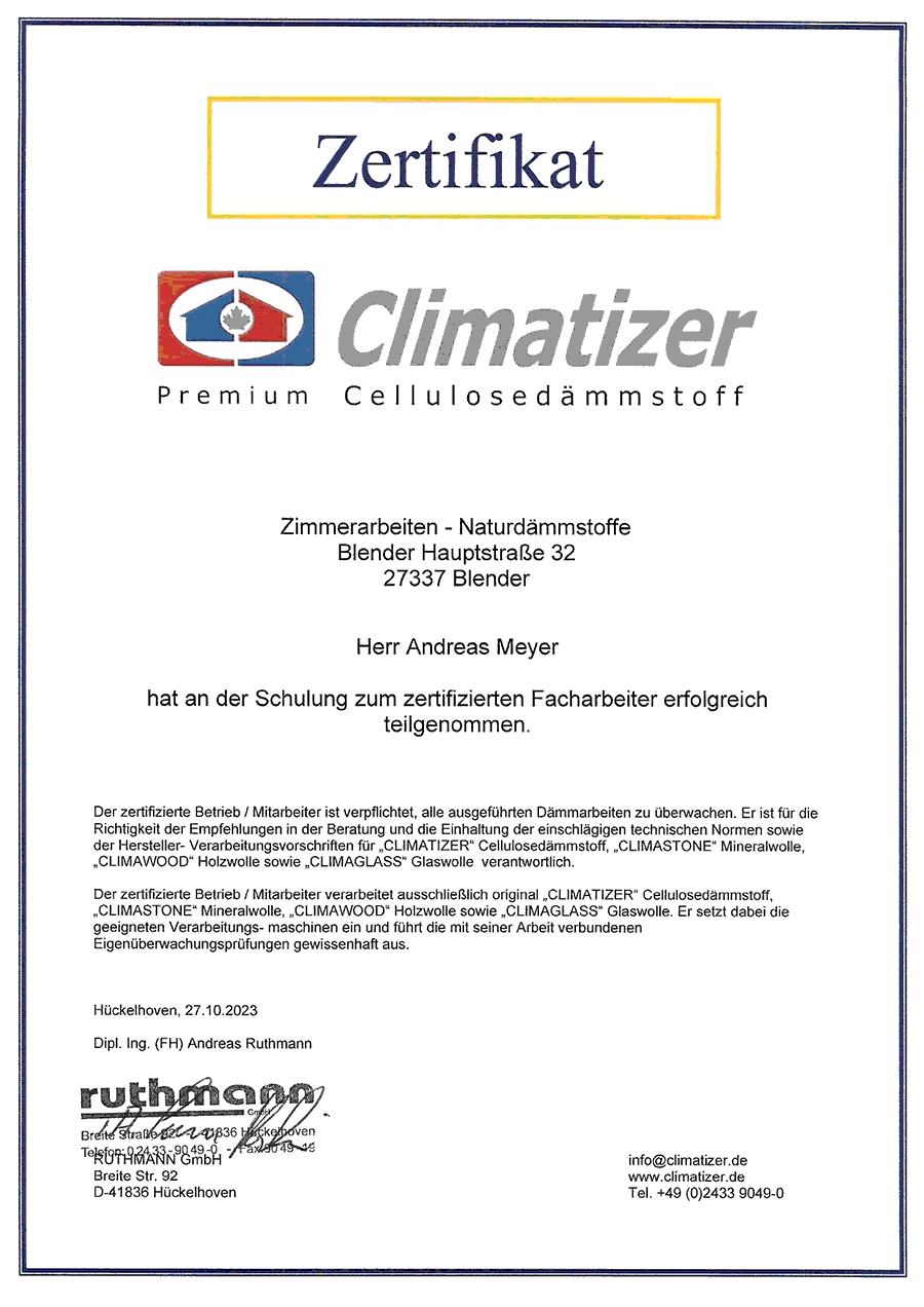 Zertifikat, Ruthmann, Zimmerarbeiten, Naturdämmstoffe