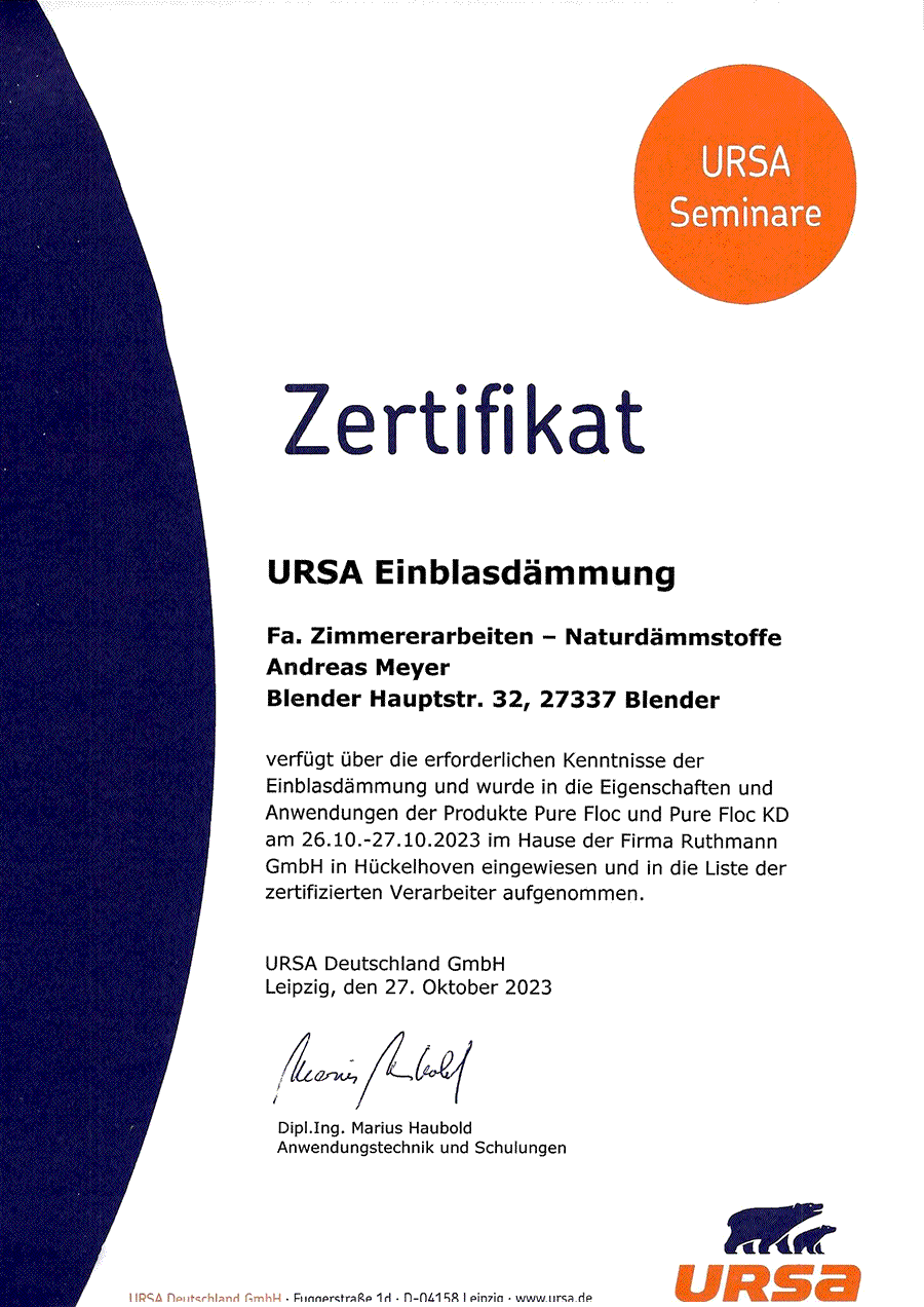Zertifikat URSA Einblasdämmung